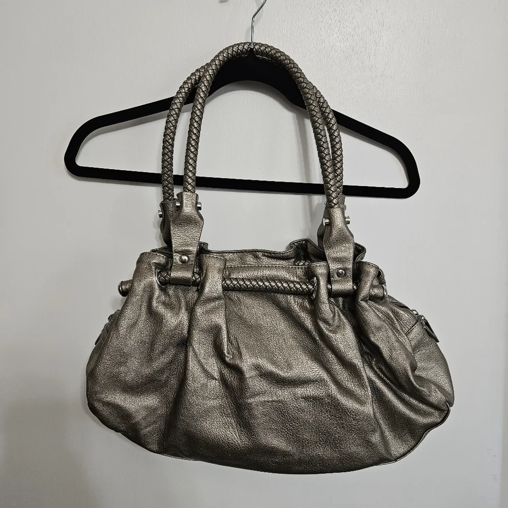 Silver Braided Handle Shoulder Bag Zip Top Double Magnetic Closure Purse